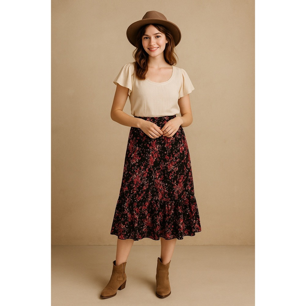 Boho Cottagecore Prairie Western Farm Office‎ Black Red Pink Floral Midi L Skirt